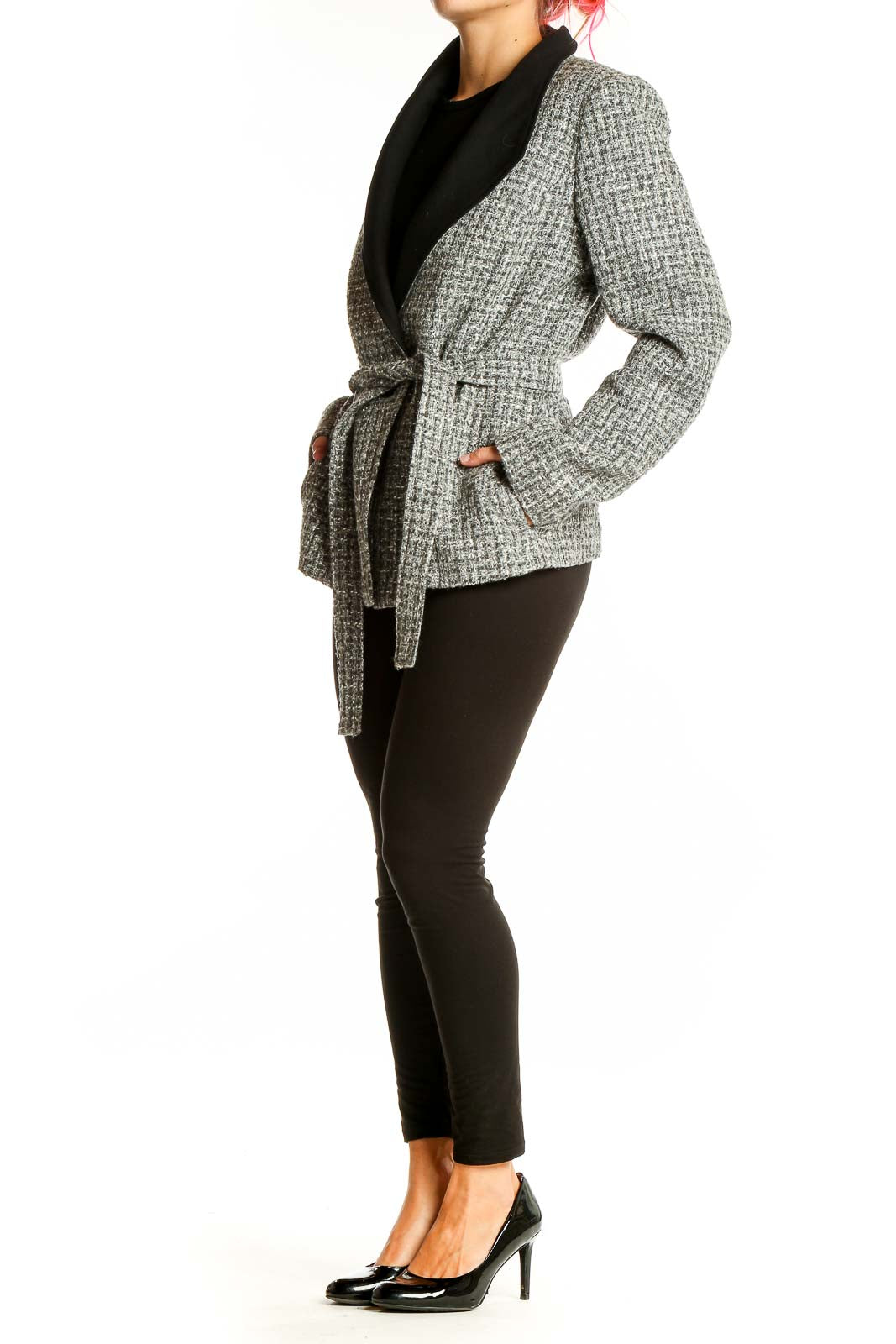 Front view of Gray Tweed Belted Wrap Jacket from White House Black Market