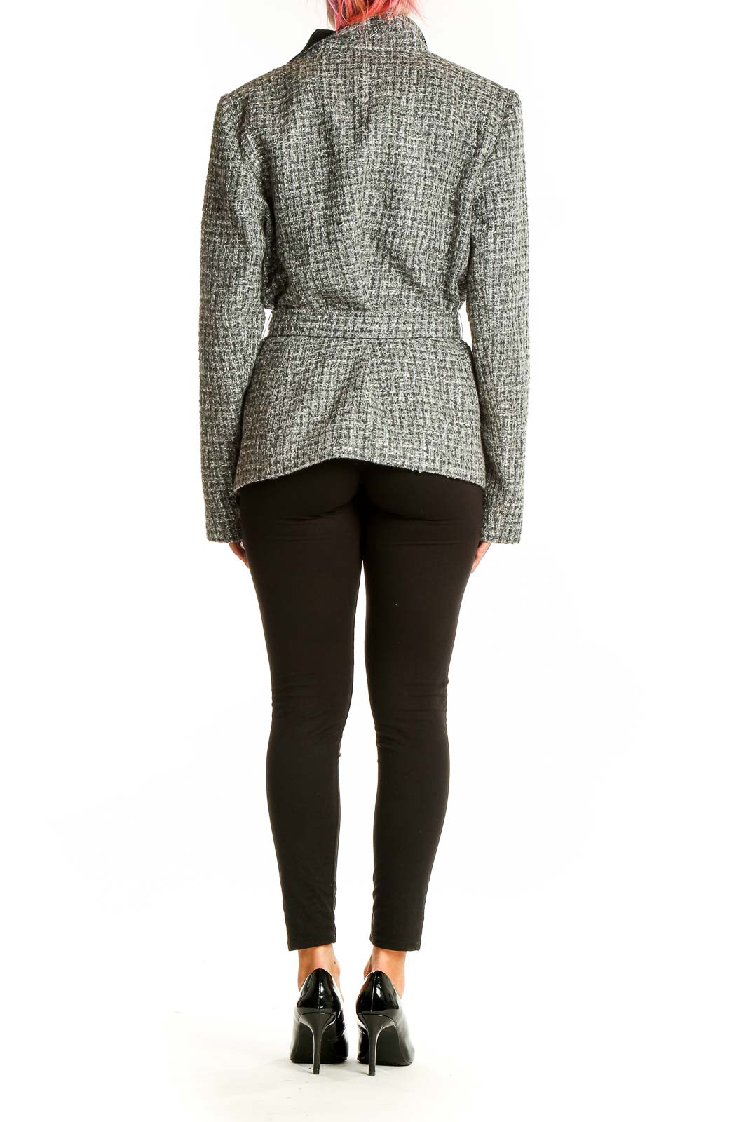 Back view of Gray Tweed Belted Wrap Jacket showing belted waist and textured fabric