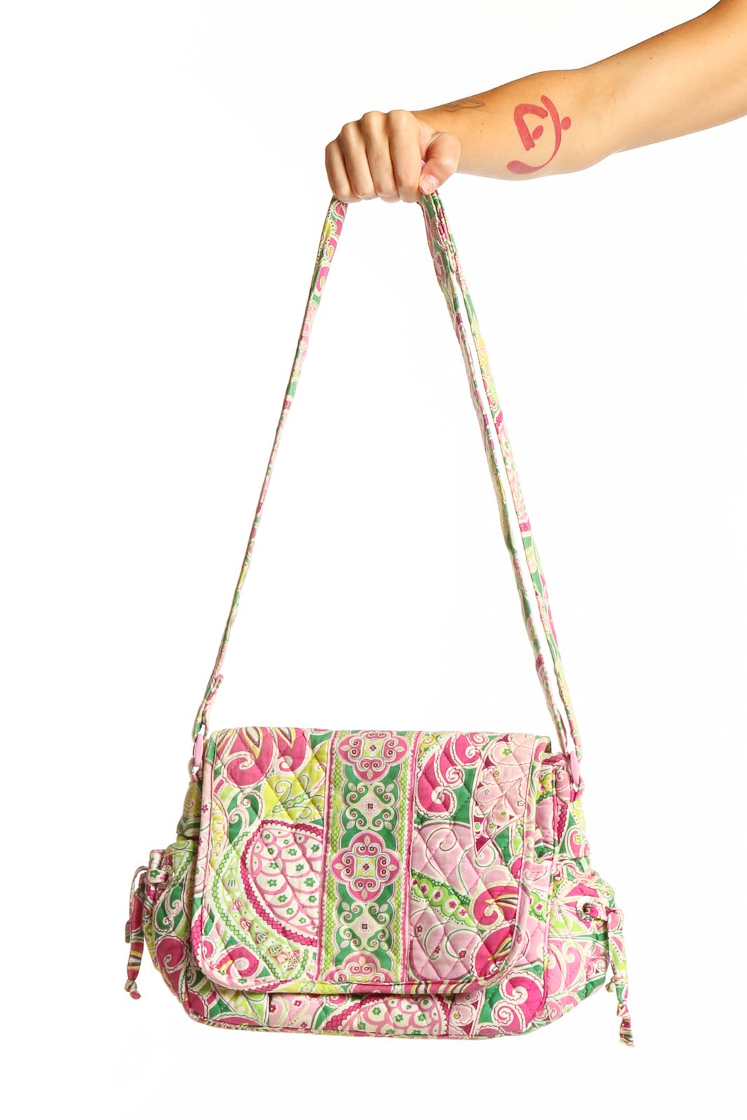 Front view of Vera Bradley pink floral paisley quilted crossbody bag