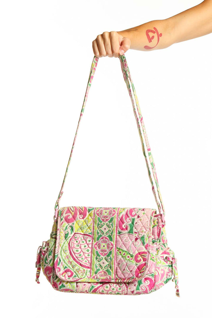 Front view of Vera Bradley pink floral paisley quilted crossbody bag