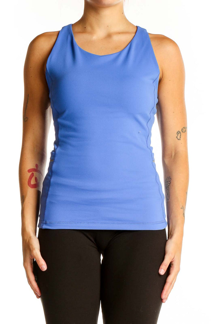 Front view of blue Senita racerback workout tank top