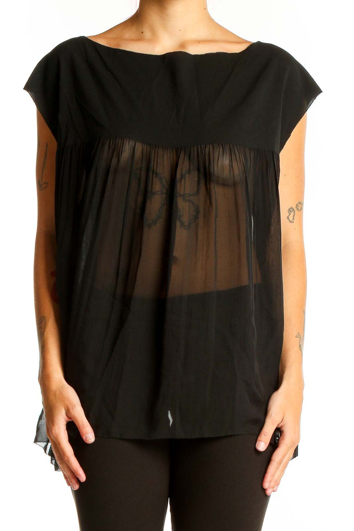 Front view of Vince black sleeveless top with sheer lower portion