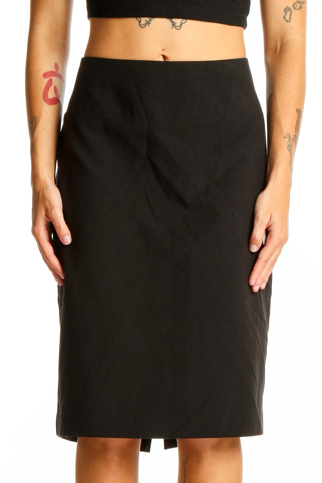 Front view of Ellen Tracy black pencil skirt with high waist