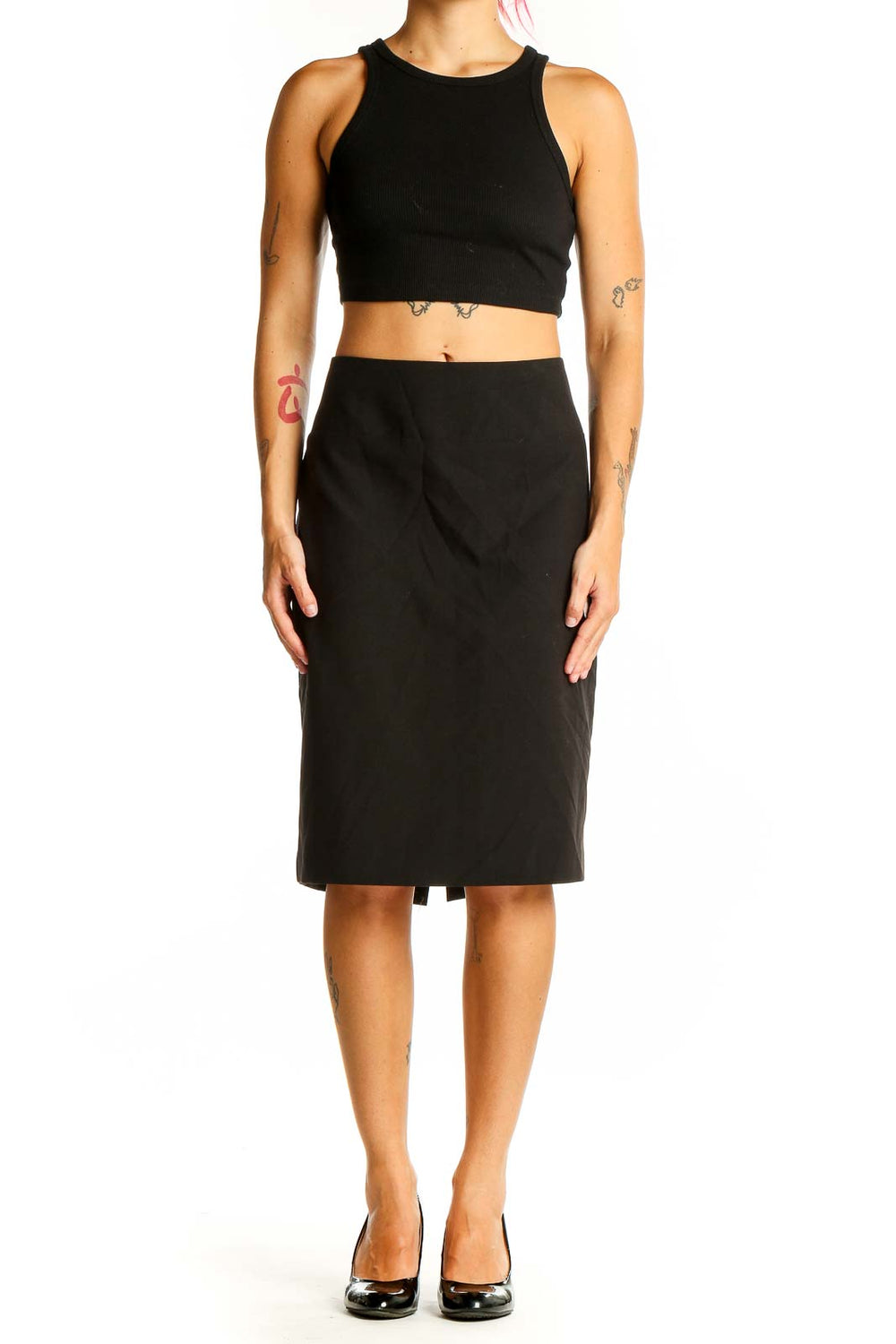 Front view of Ellen Tracy black pencil skirt with high waist