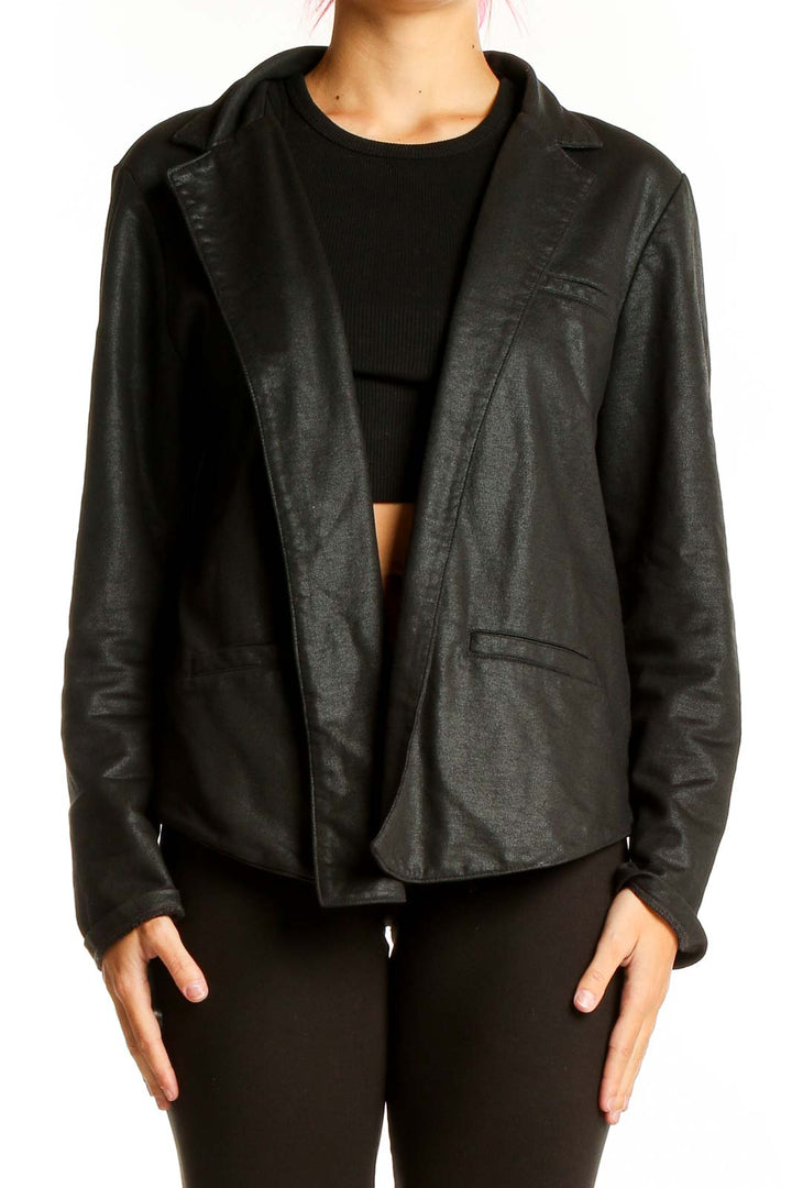 Front view of Lucky Brand black moto jacket with asymmetrical zip closure