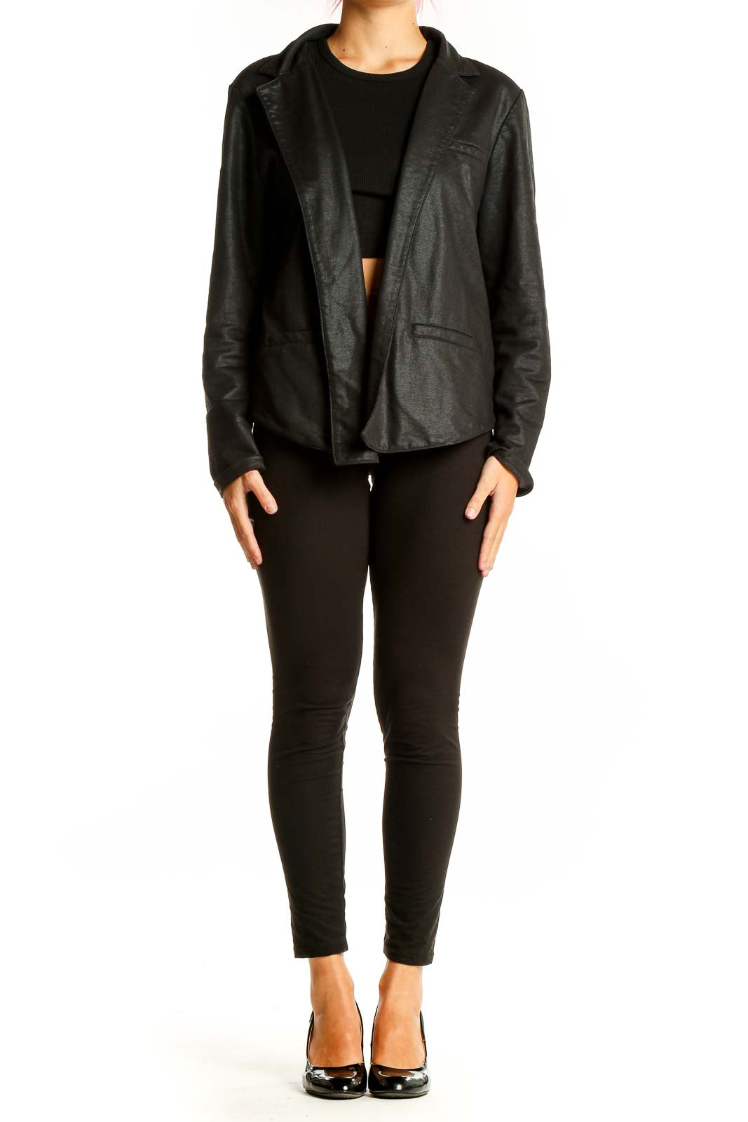 Front view of Lucky Brand black moto jacket with asymmetrical zip closure