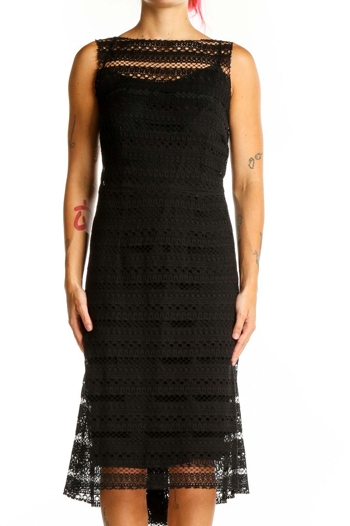 Front view of Monique Lhuillier black lace midi cocktail dress