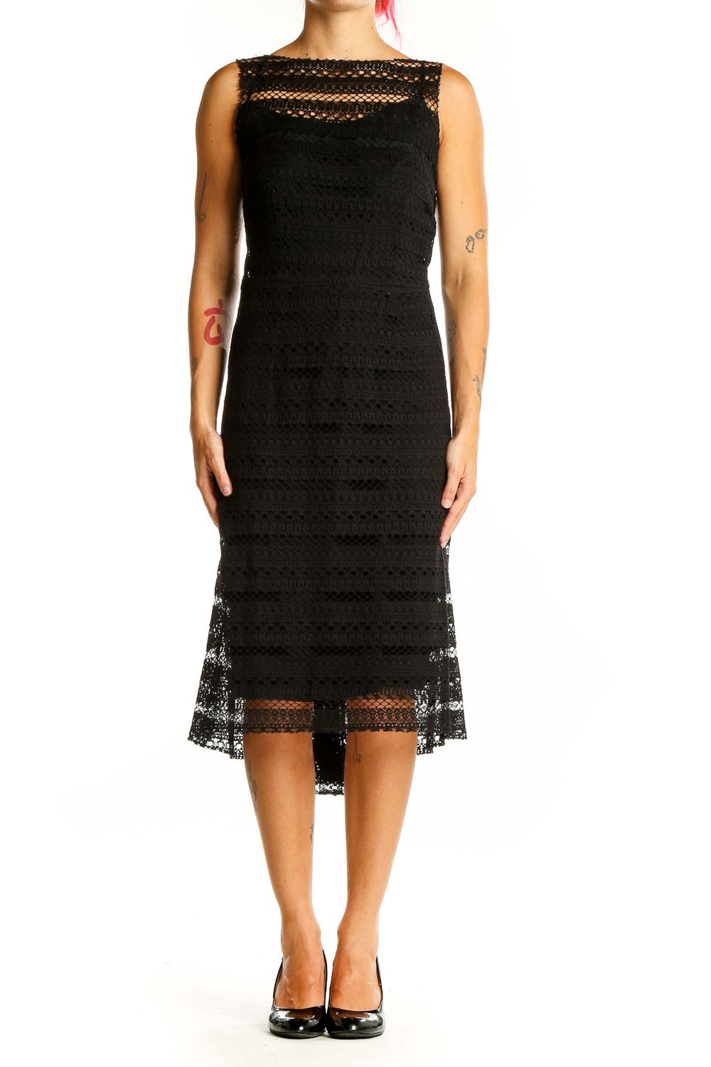 Front view of Monique Lhuillier black lace midi cocktail dress