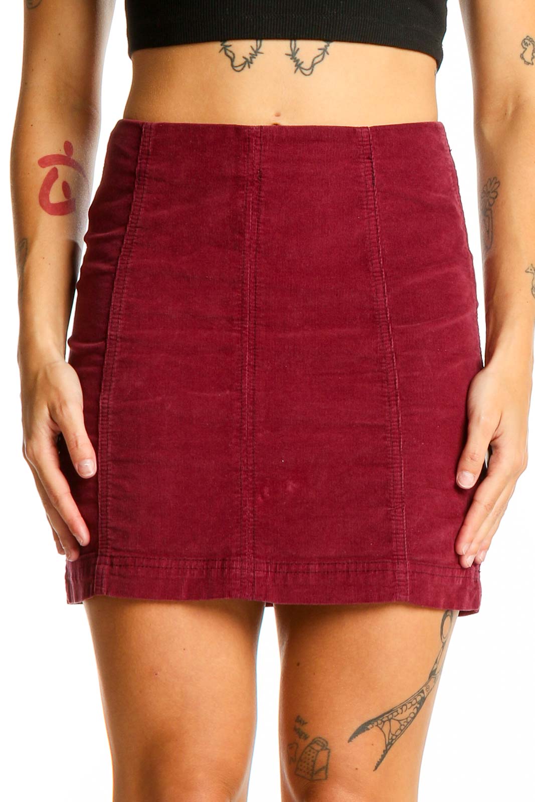 Front view of burgundy corduroy mini skirt from Free People