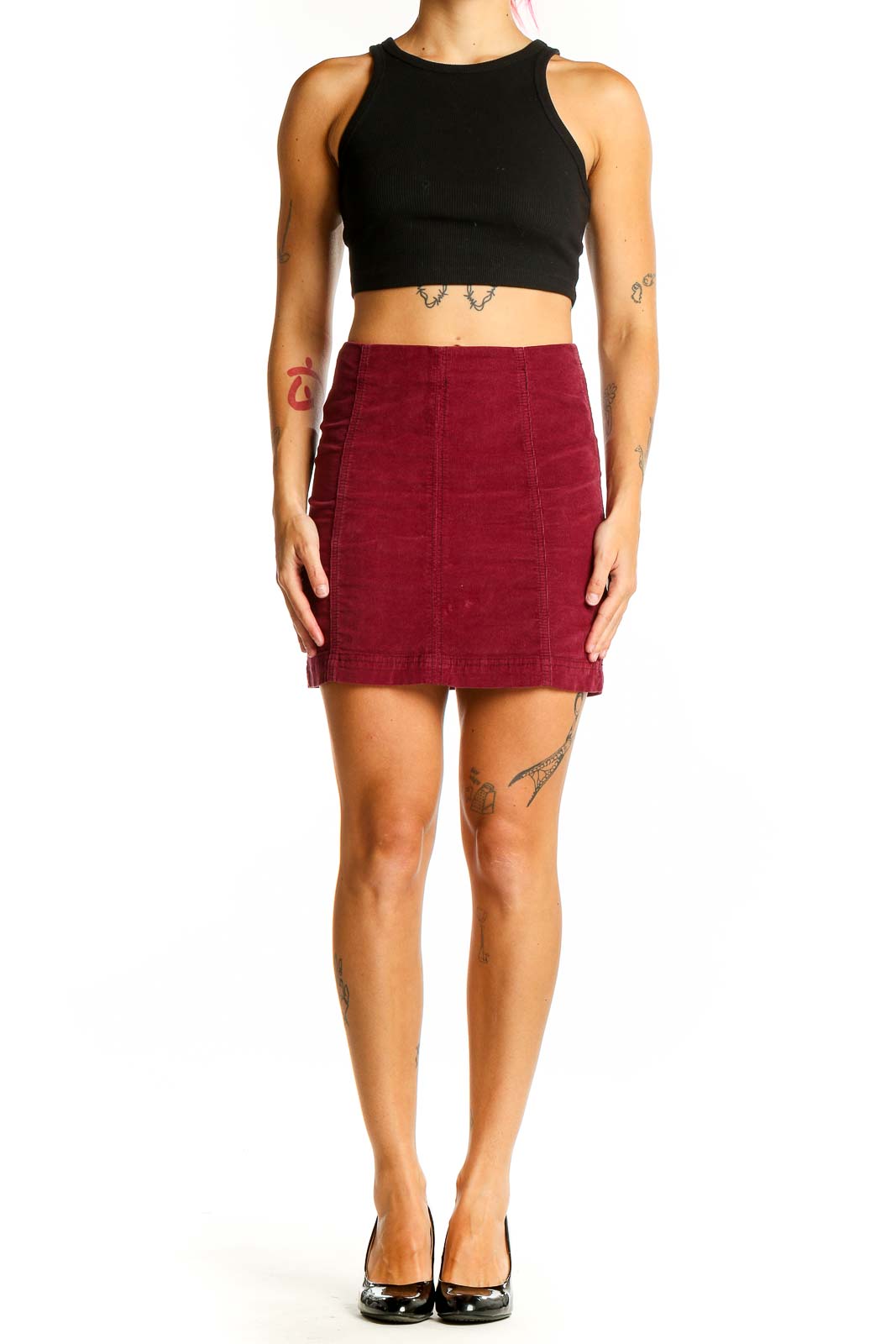 Front view of burgundy corduroy mini skirt from Free People