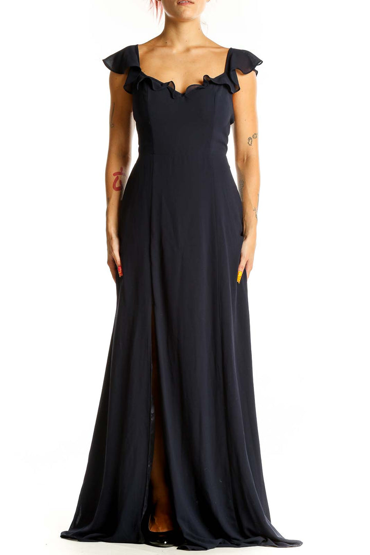 Front view of black BHLDN Anthropologie maxi dress with ruffled cap sleeves and sweetheart neckline