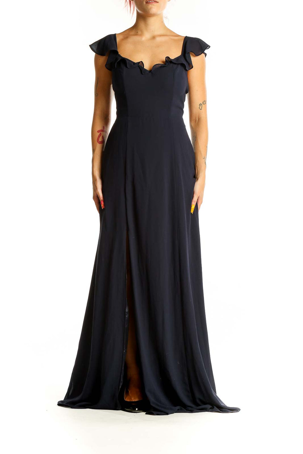 Front view of black BHLDN Anthropologie maxi dress with ruffled cap sleeves and sweetheart neckline