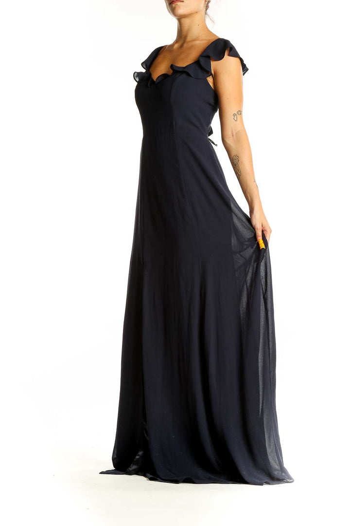 Front view of black BHLDN Anthropologie maxi dress with ruffled cap sleeves and sweetheart neckline