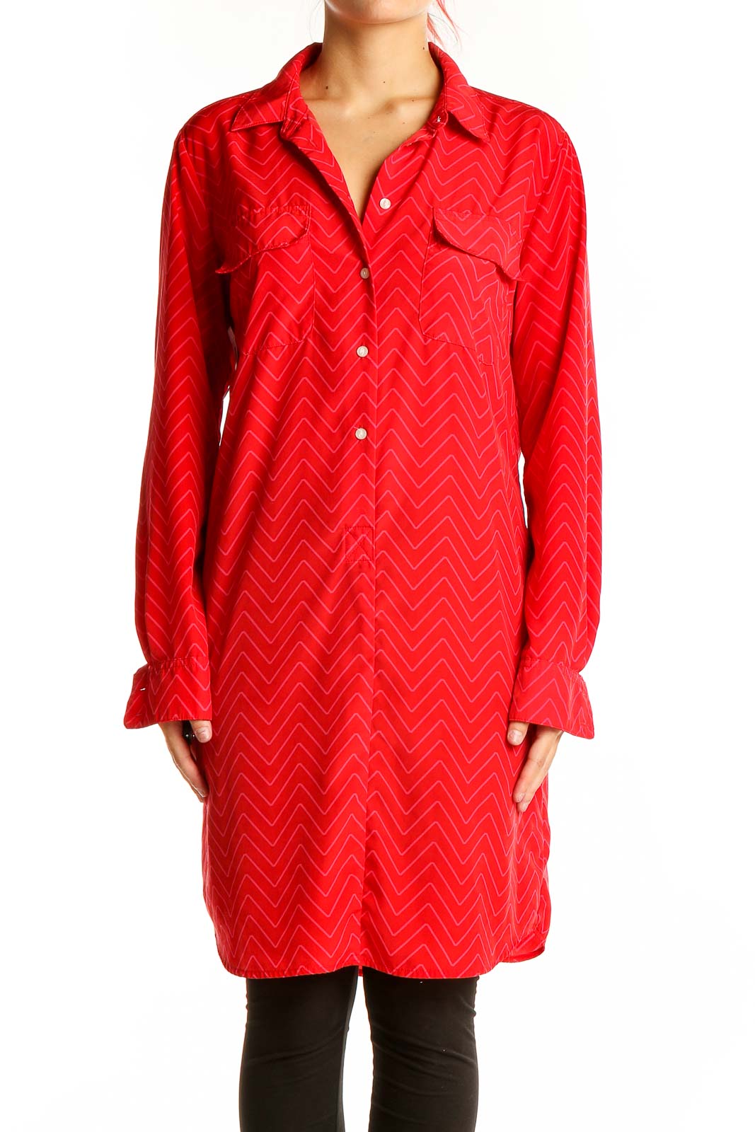 Front view of Gap red chevron pattern button-down shirt dress