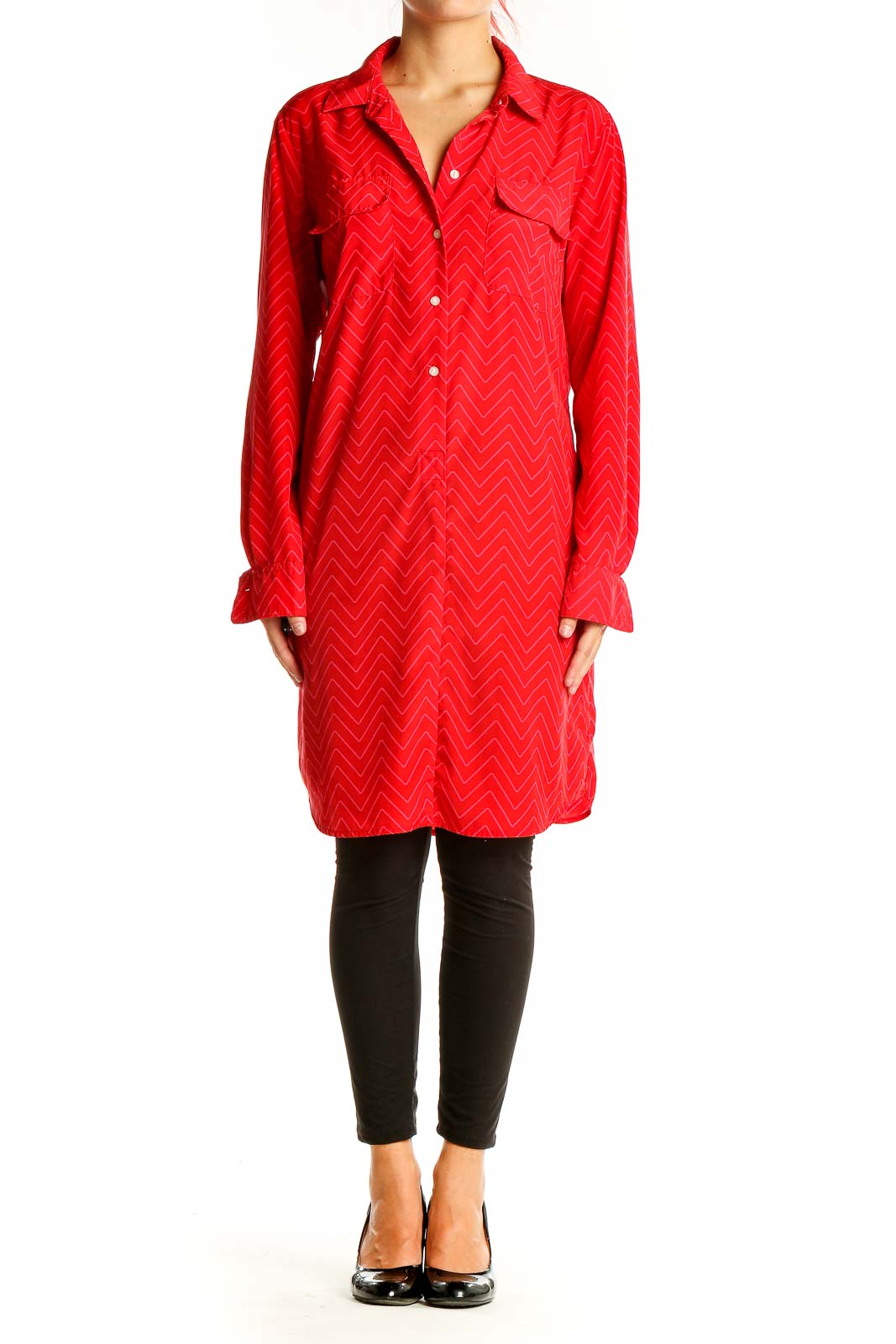 Front view of Gap red chevron pattern button-down shirt dress