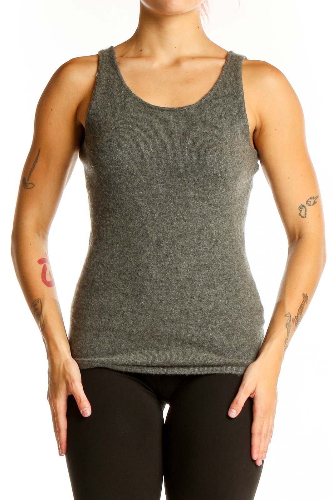 Front view of Ralph Lauren gray cashmere sleeveless knit top on model