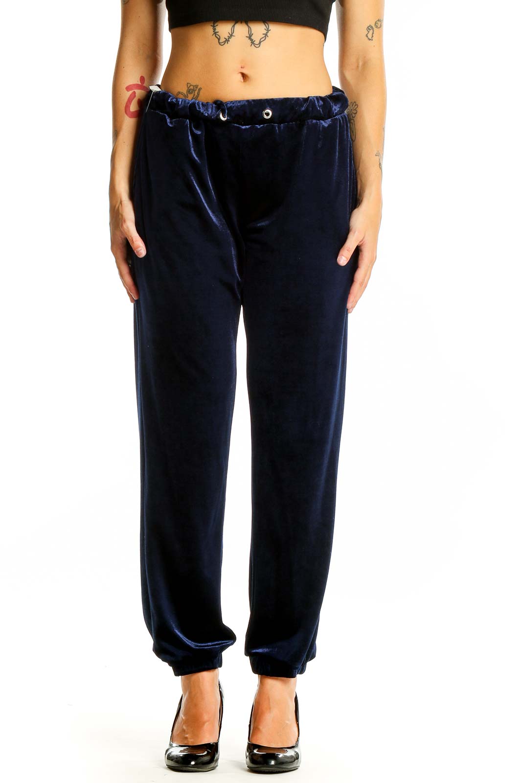 Front view of Zara Trafaluc navy velvet jogger pants with elastic waistband