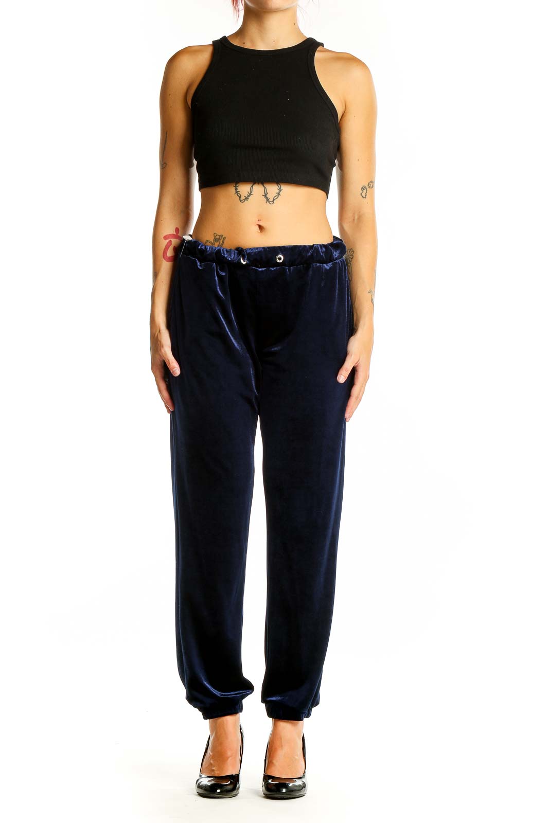 Front view of Zara Trafaluc navy velvet jogger pants with elastic waistband