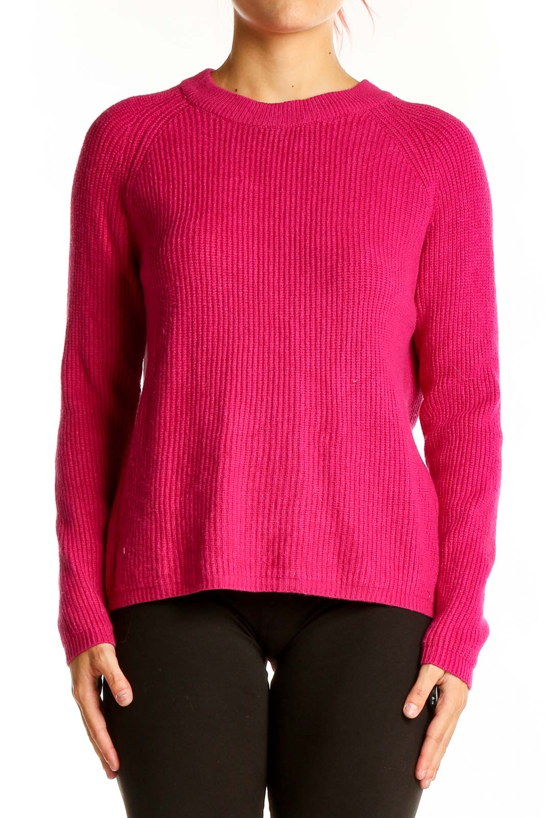 Front view of Tahari hot pink ribbed crewneck sweater on model