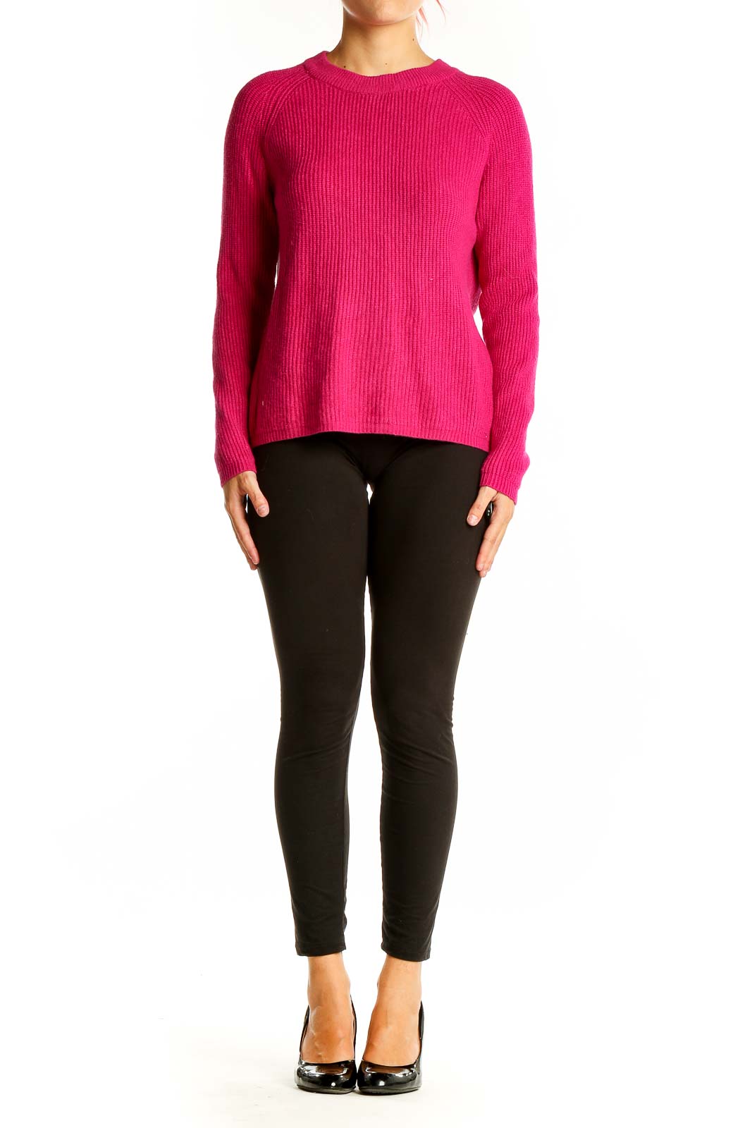 Front view of Tahari hot pink ribbed crewneck sweater on model