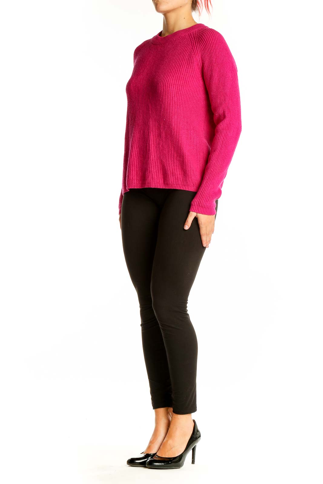 Front view of Tahari hot pink ribbed crewneck sweater on model