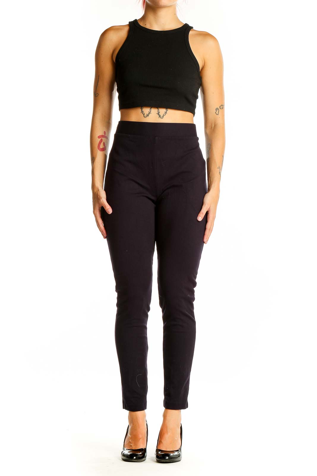 Front view of Vince Camuto black slim fit ankle-length pants