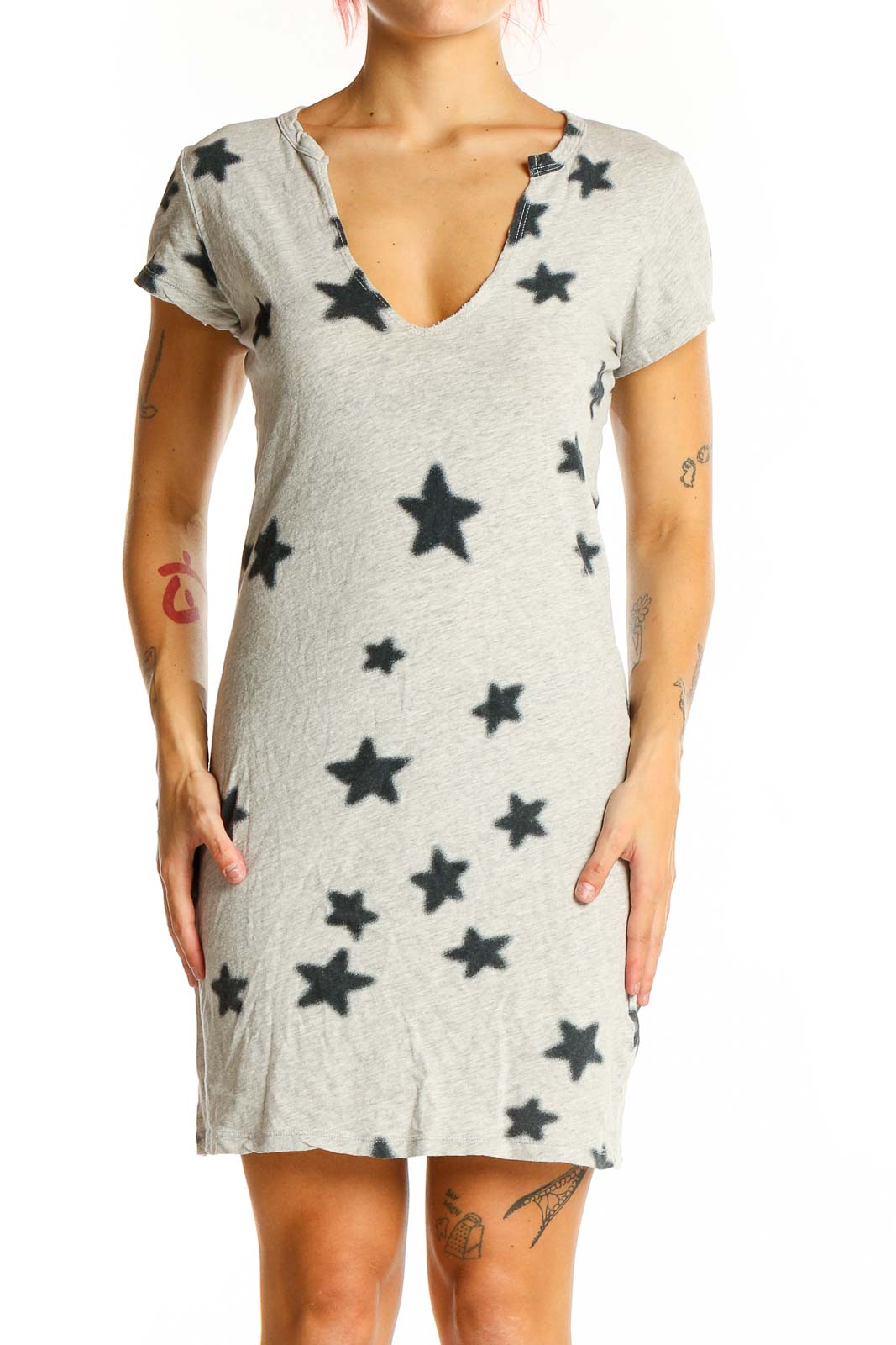 Front view of PAM & GELA gray cotton t-shirt dress with star print