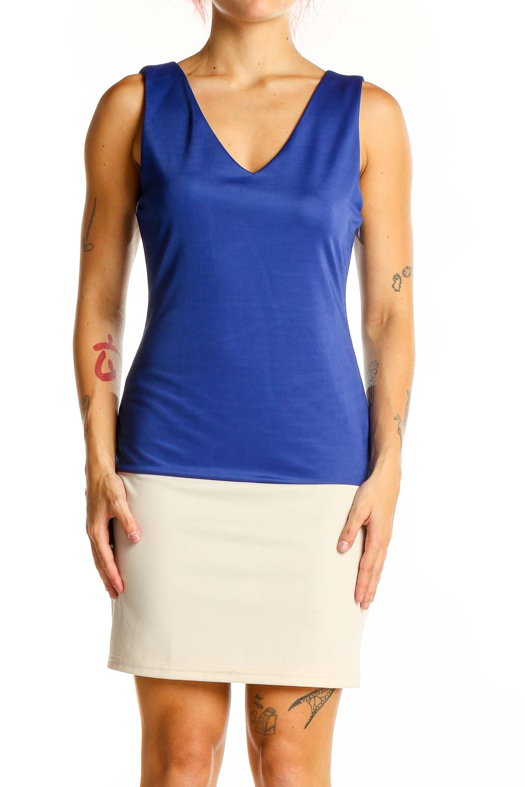 Front view of Ya Los Angeles blue bodycon dress with V-neck