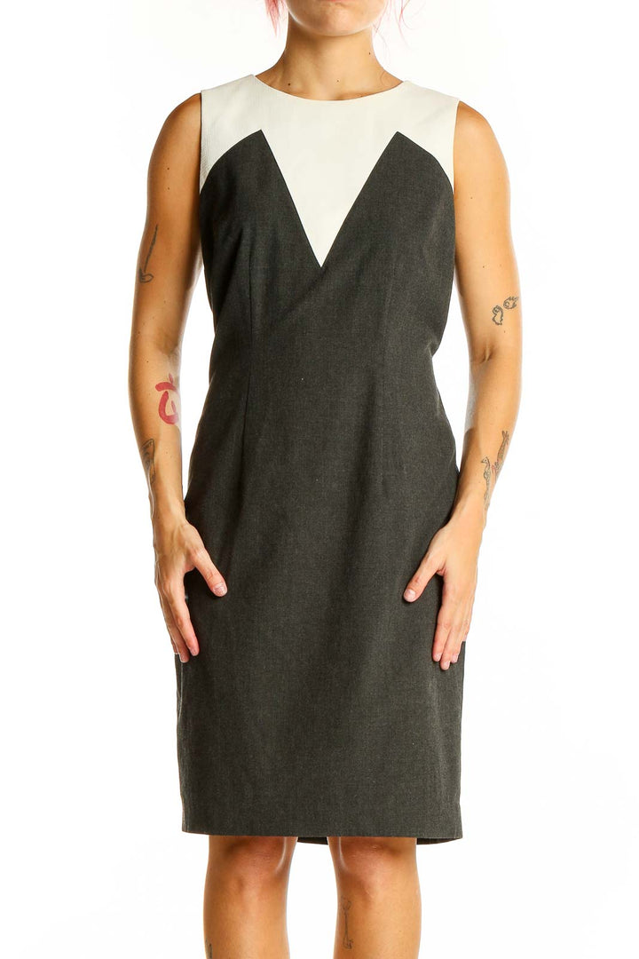 Front view of Ann Taylor charcoal sheath dress with white colorblock neckline