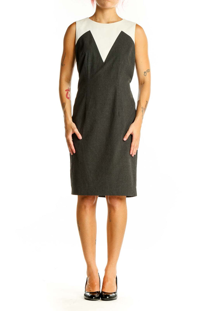 Front view of Ann Taylor charcoal sheath dress with white colorblock neckline