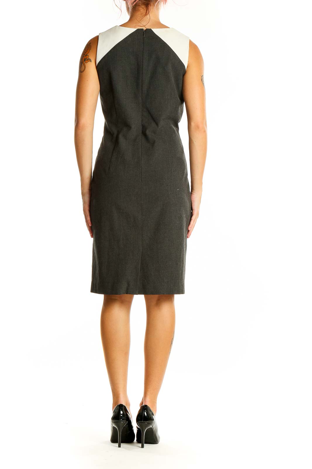 Back view of Ann Taylor charcoal sheath dress showing sleeveless design