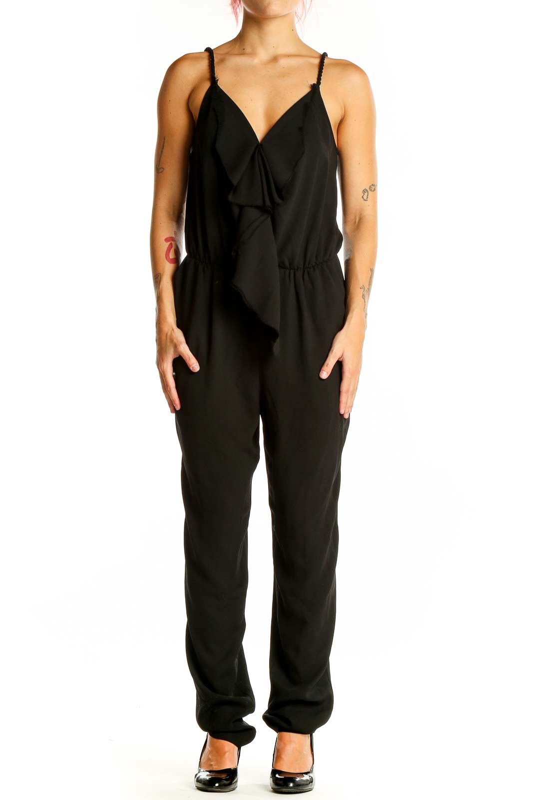 Front view of RACHEL Rachel Roy black ruffled V-neck jumpsuit