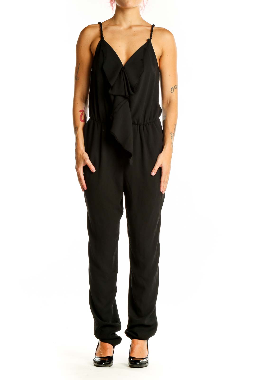 Front view of RACHEL Rachel Roy black ruffled V-neck jumpsuit