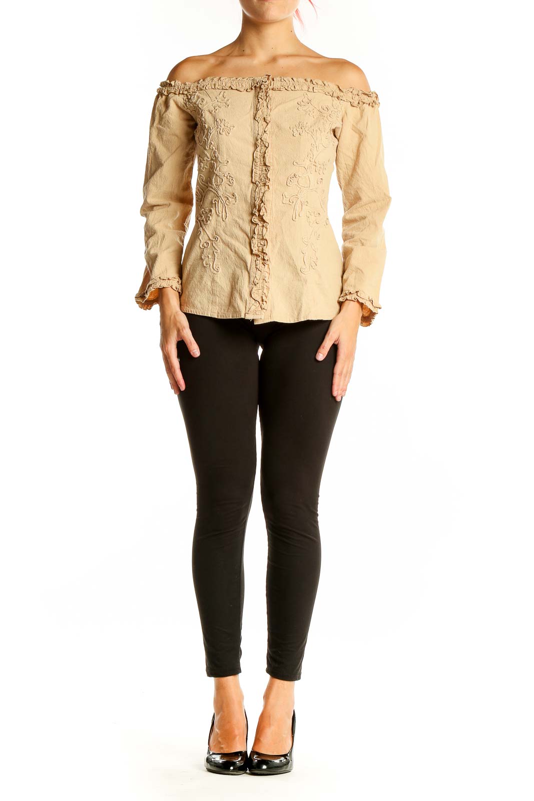 Front view of Rancho Estancia beige off-shoulder embroidered cotton jacket