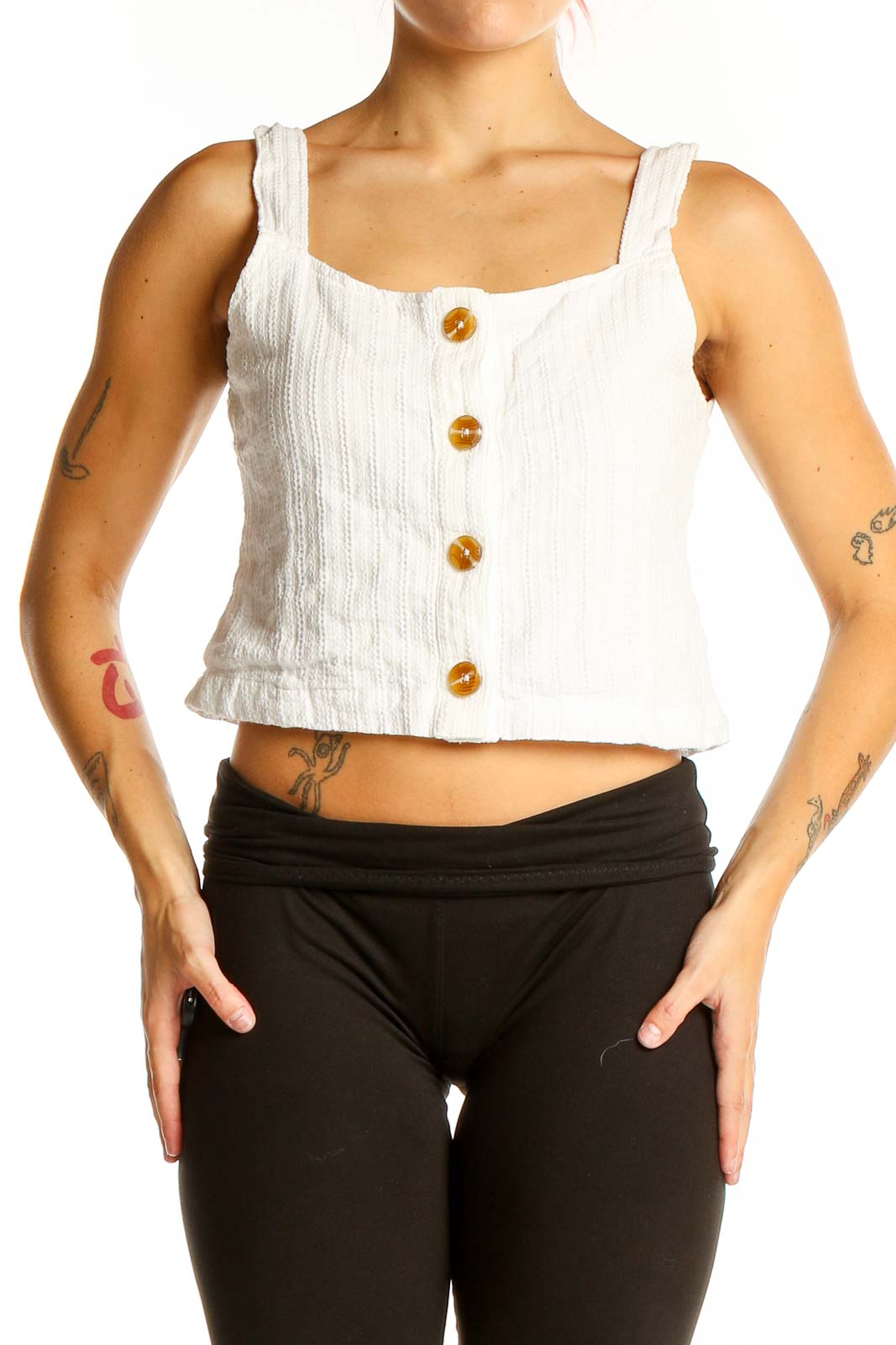 Front view of DL1961 white cotton button-front crop top with square neckline