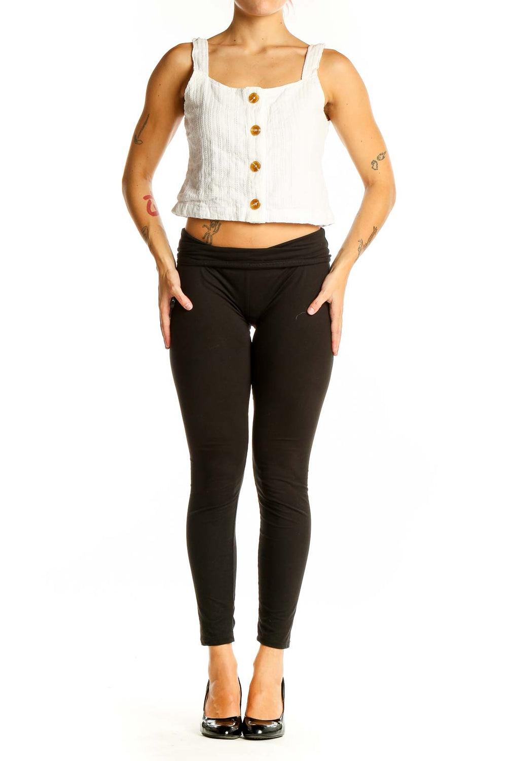 Front view of DL1961 white cotton button-front crop top with square neckline