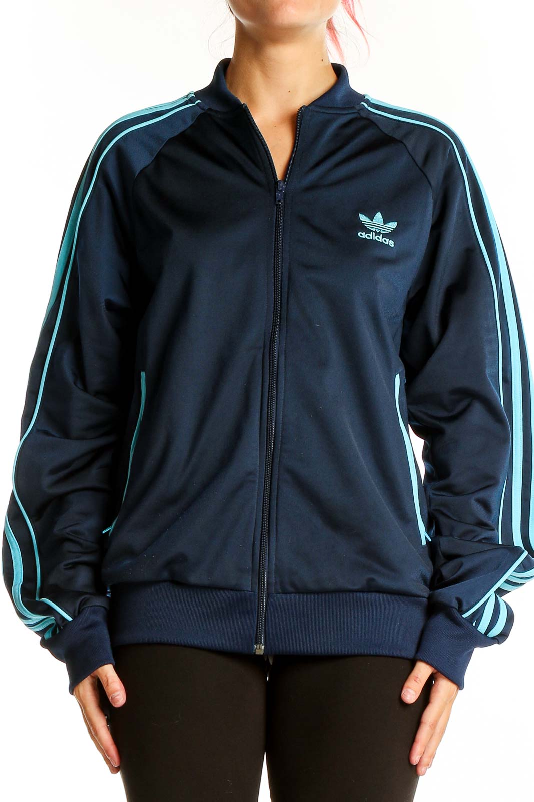 Front view of Adidas navy blue track jacket with light blue stripes