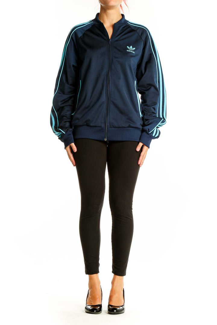 Front view of Adidas navy blue track jacket with light blue stripes