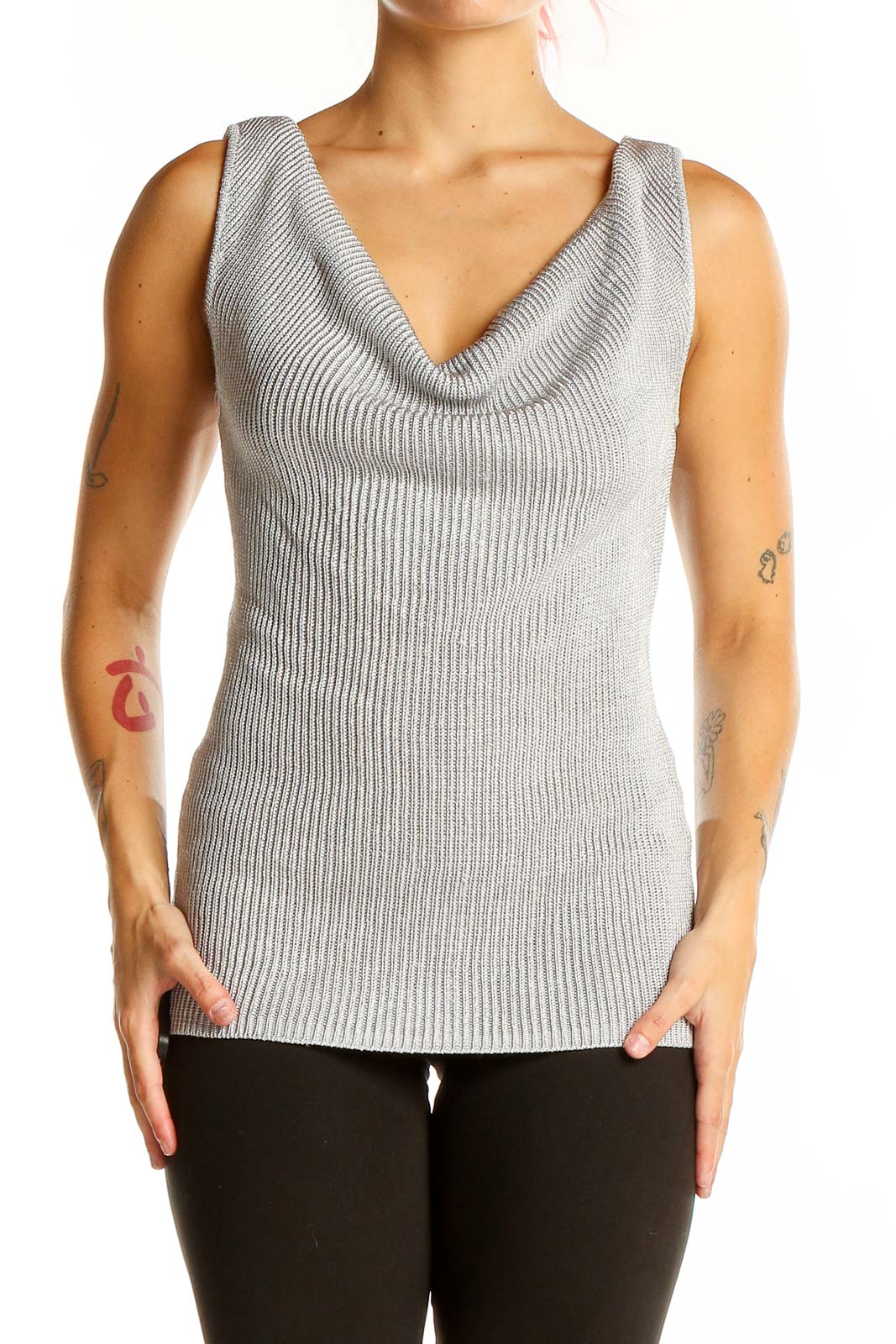 Front view of Ann Taylor gray ribbed sleeveless top with cowl neck