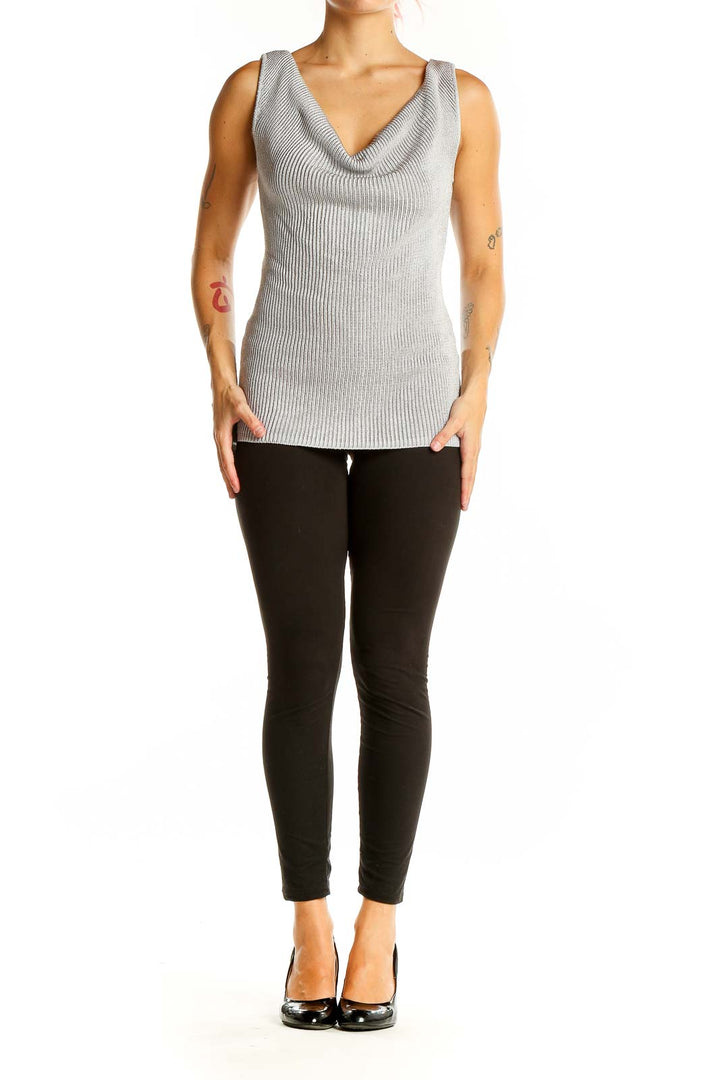 Front view of Ann Taylor gray ribbed sleeveless top with cowl neck