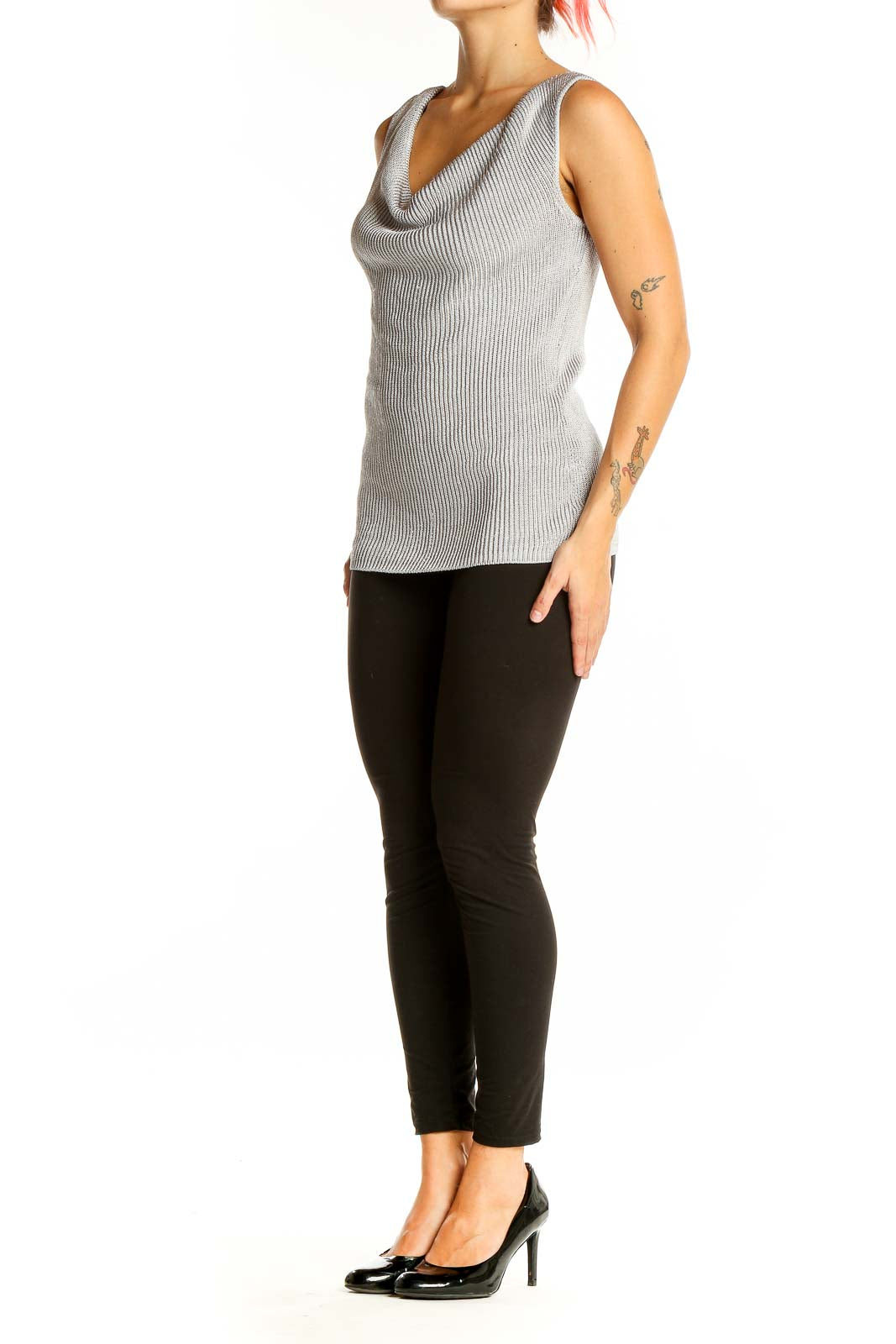 Front view of Ann Taylor gray ribbed sleeveless top with cowl neck