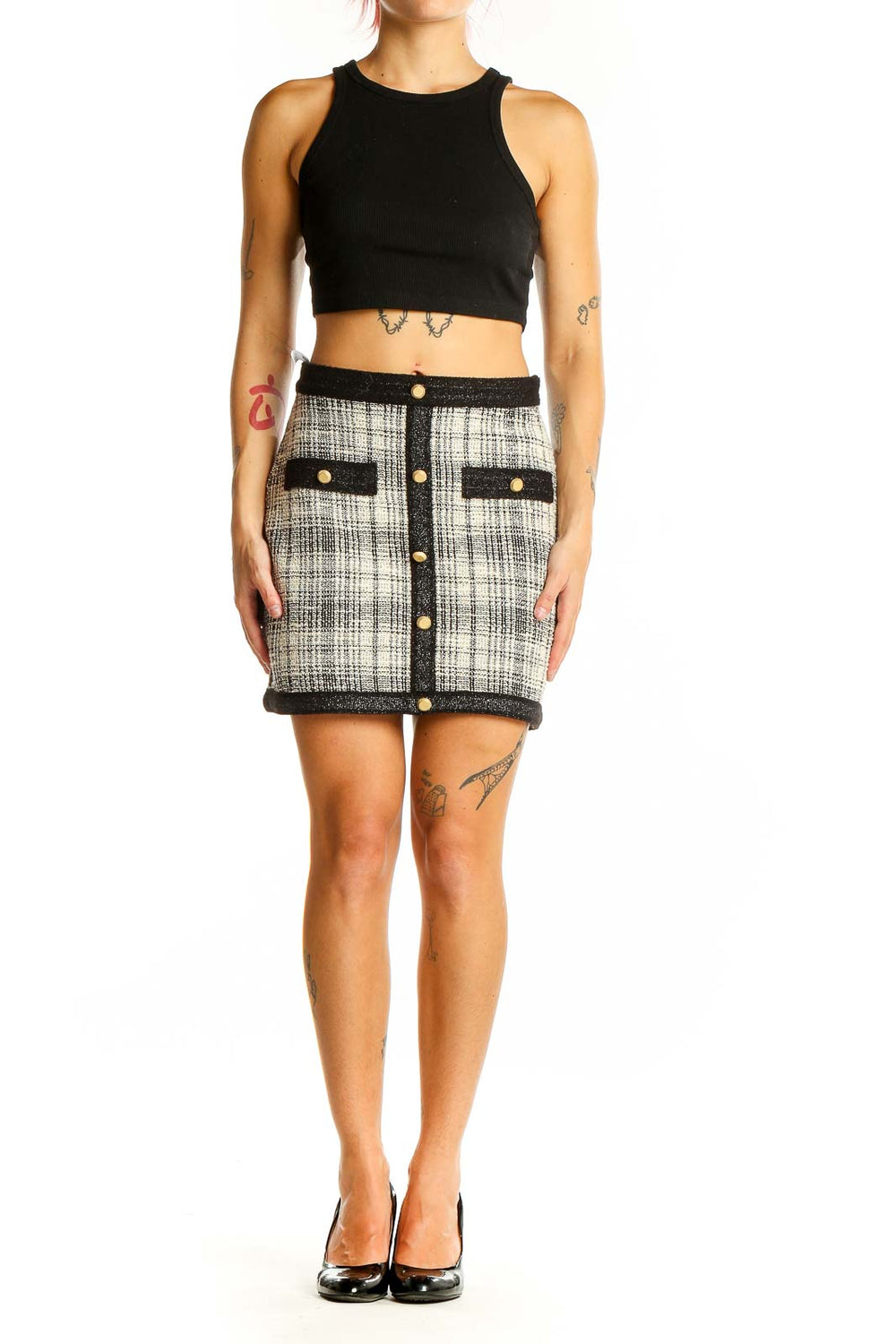 Front view of Saylor Black and White Plaid Mini Skirt with gold buttons