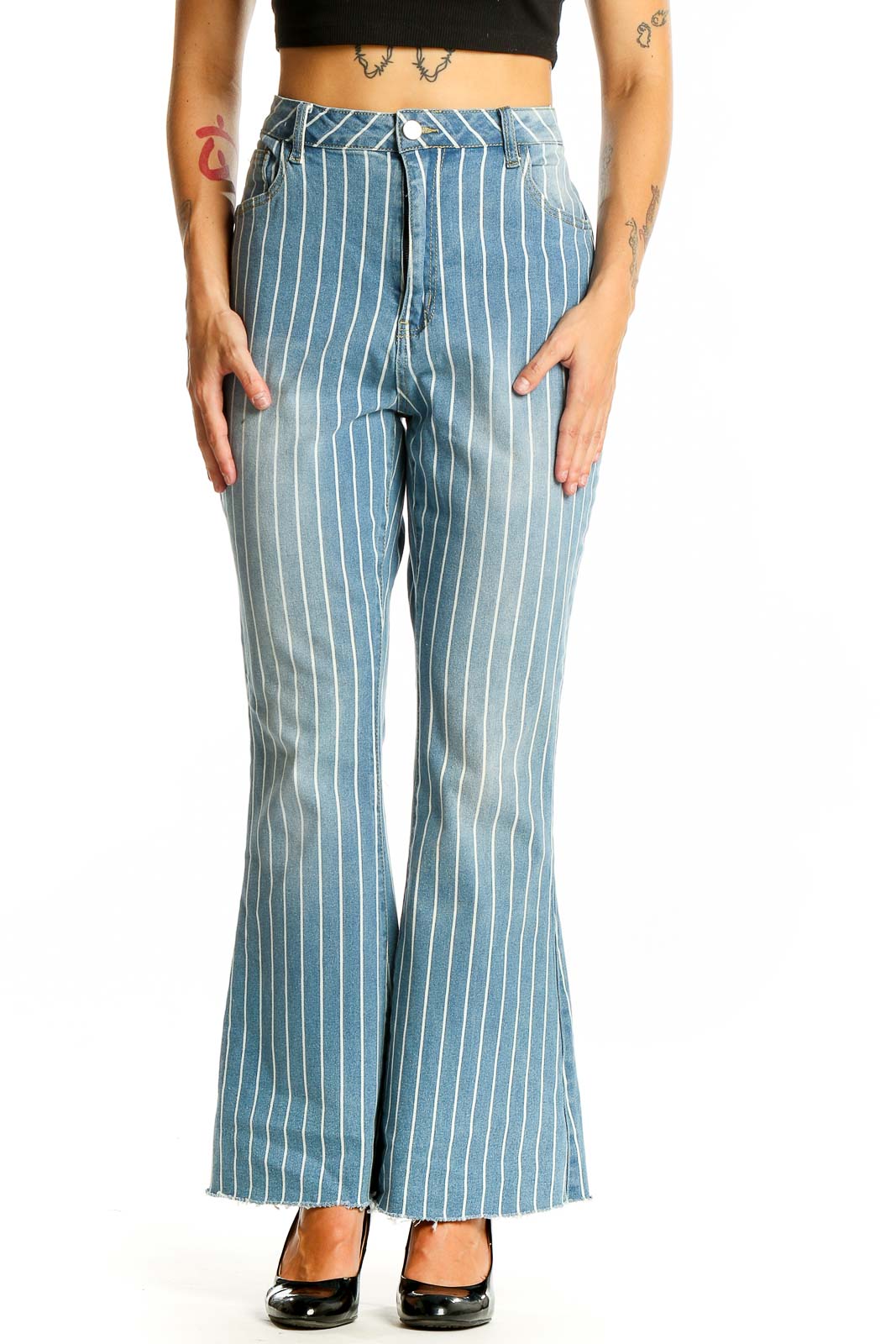 Front view of SilkRoll light blue striped flare jeans on model