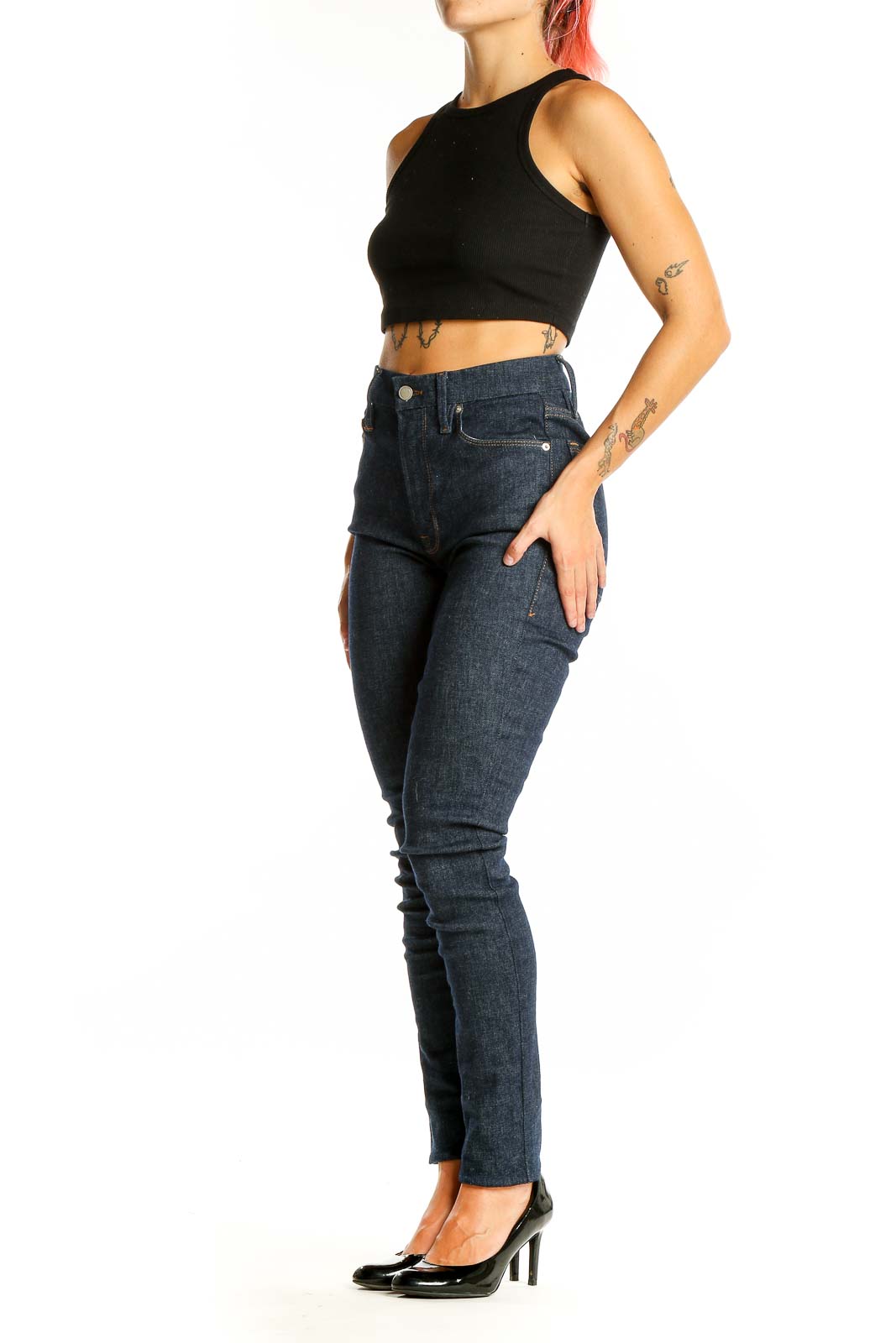 Front view of Good American dark blue high-waisted skinny jeans