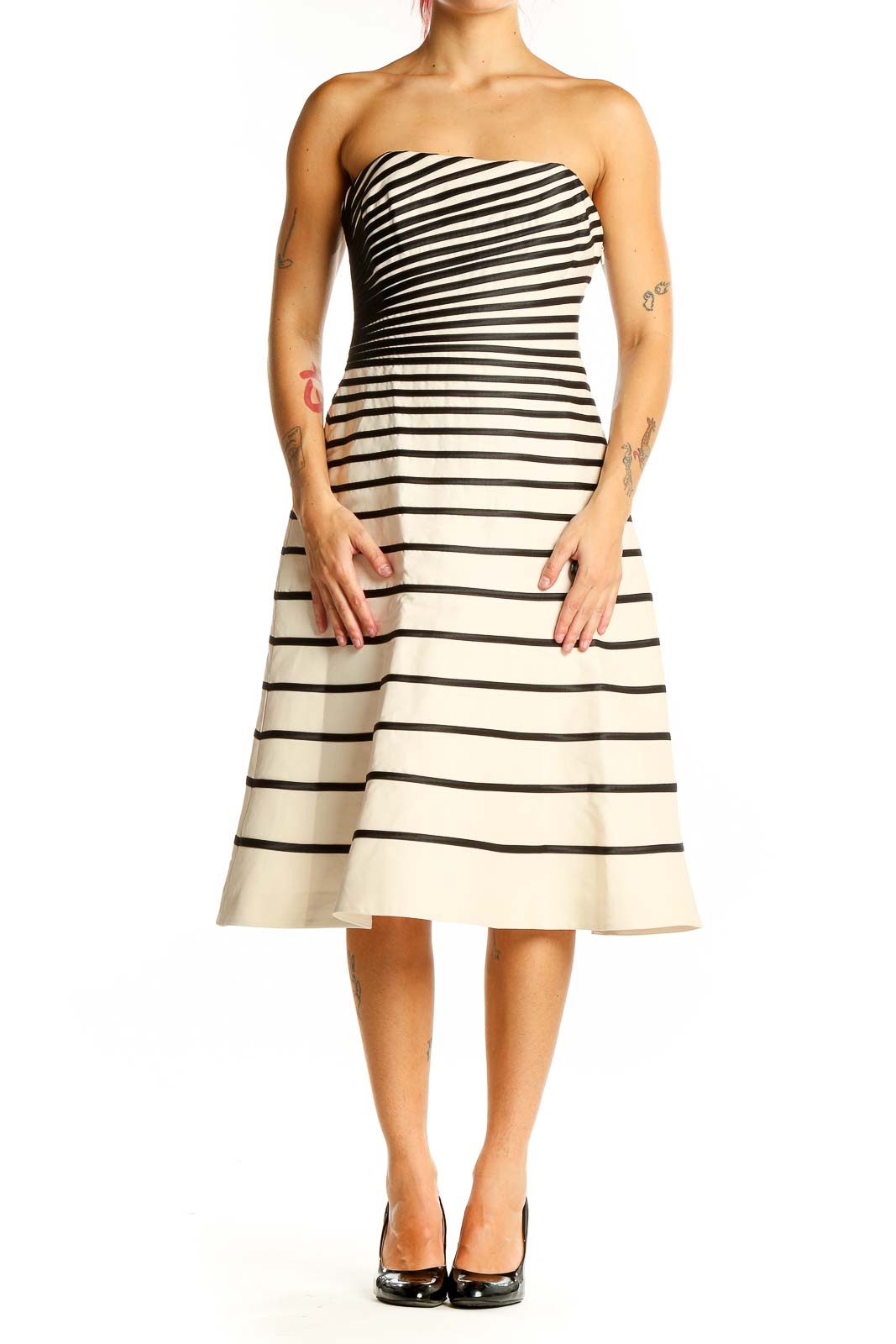 Front view of Halston Black and White Striped Strapless Cocktail Dress