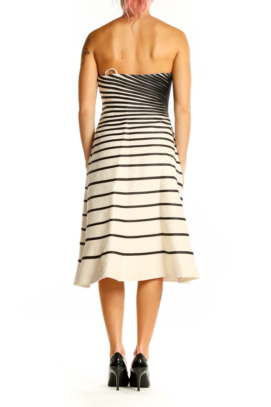 Back view of Halston Black and White Striped Strapless Cocktail Dress