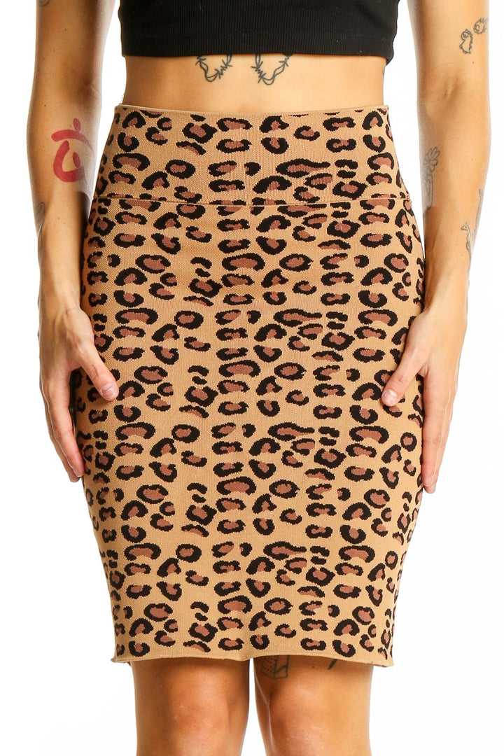 Front view of BCBG MaxAzria tan leopard print pencil skirt