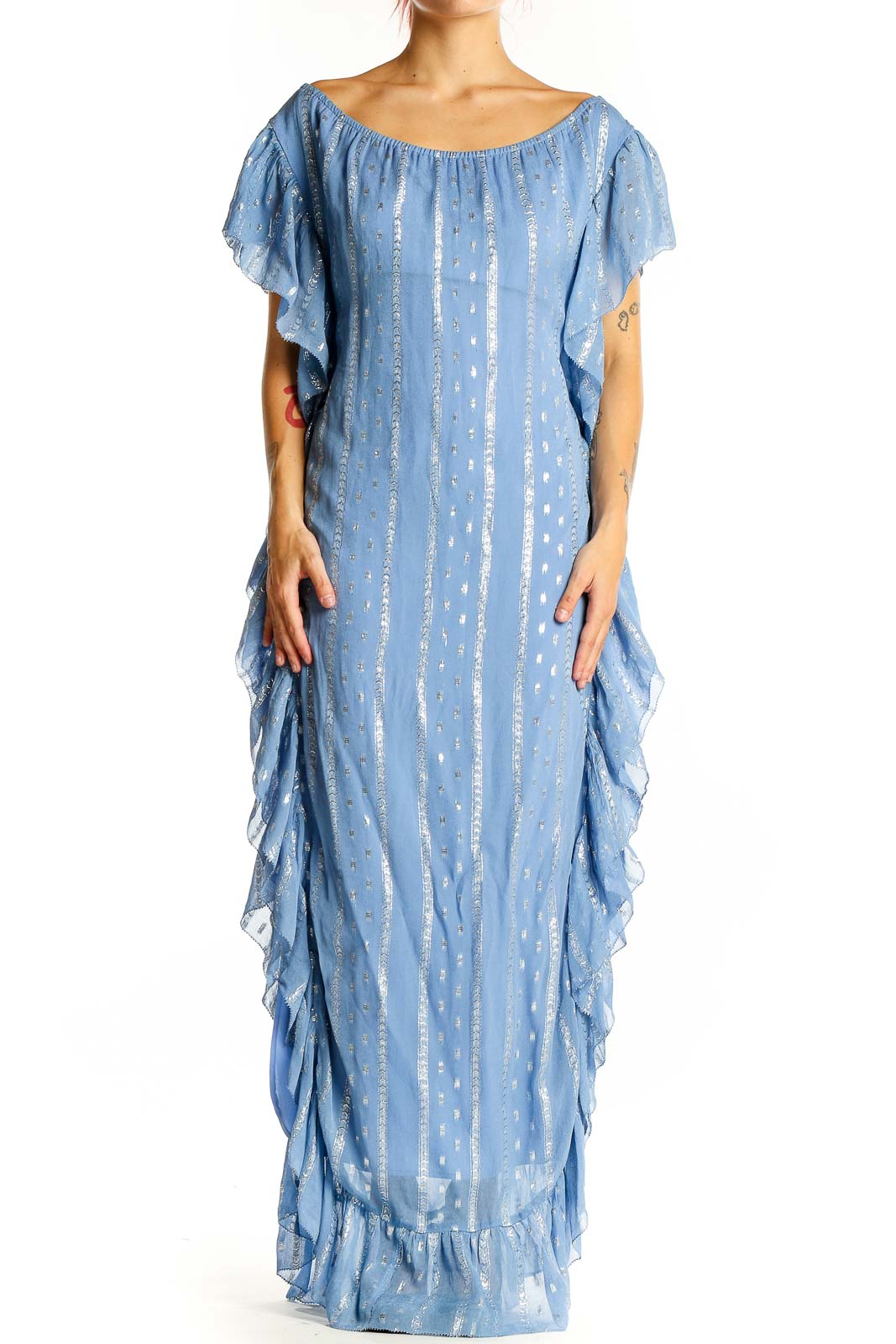 Front view of Saylor blue metallic ruffled maxi dress with off-shoulder design