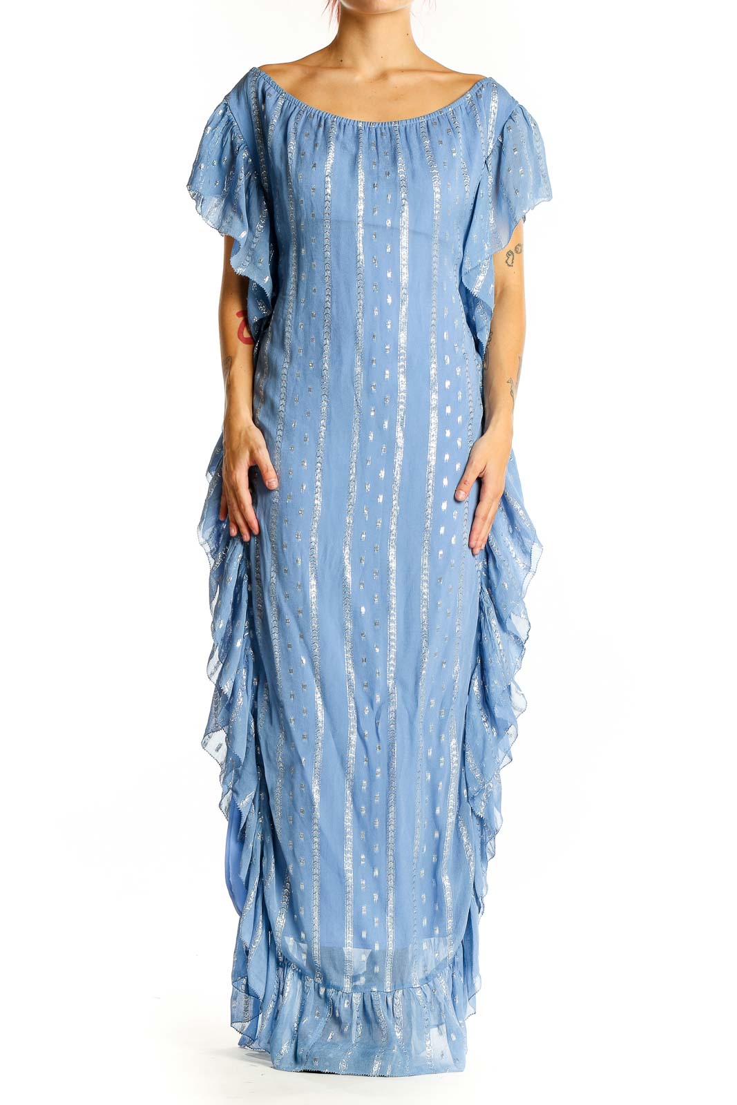 Front view of Saylor blue metallic ruffled maxi dress with off-shoulder design