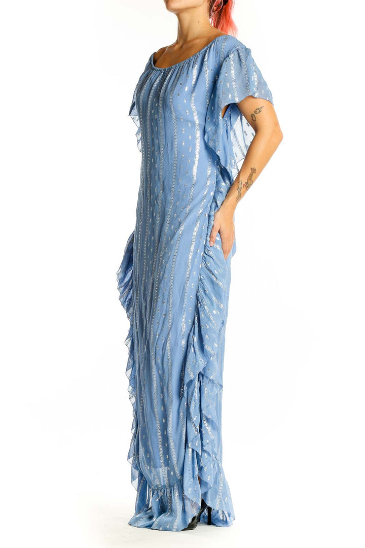 Front view of Saylor blue metallic ruffled maxi dress with off-shoulder design